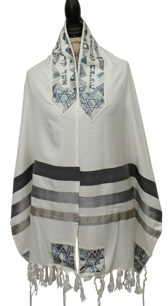 Tallit prayer shawl, blue & grey star of david design set